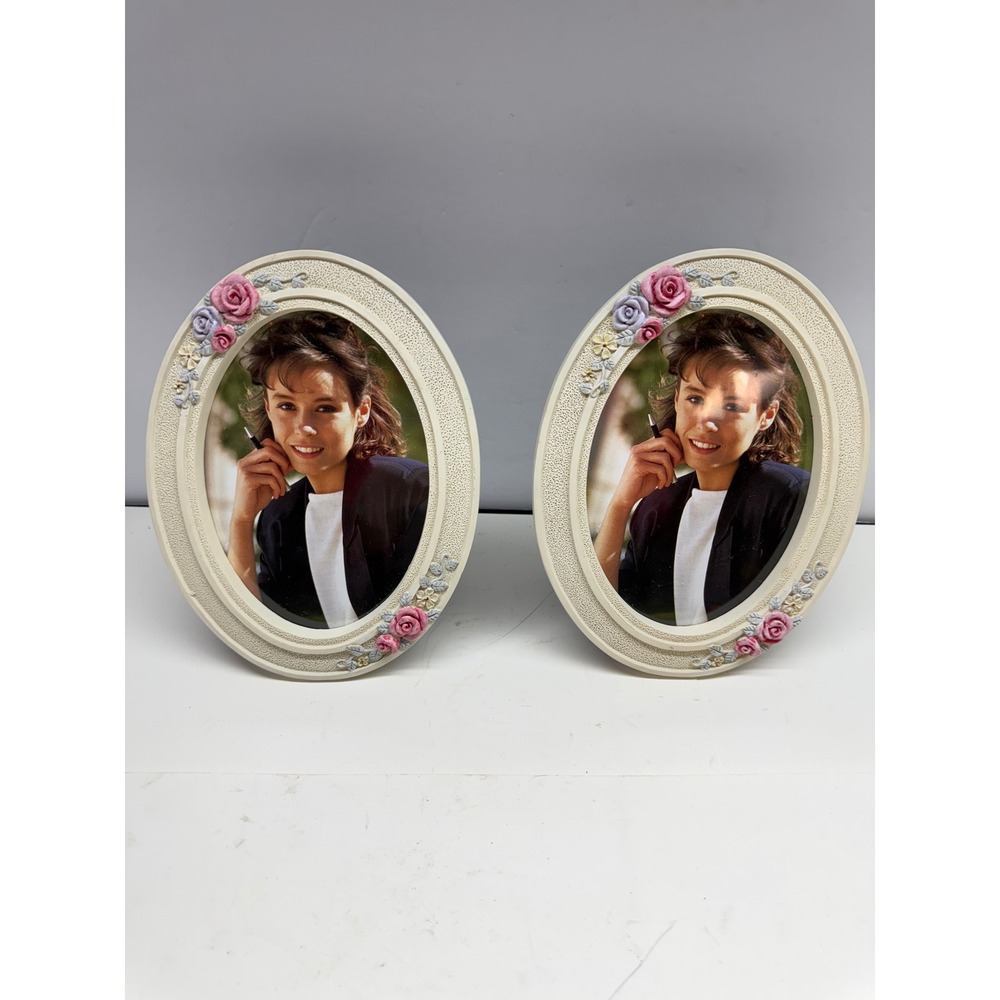 Vintage Oval Floral Picture Frames Set of 2 Cream Pink Rose 3D Accents